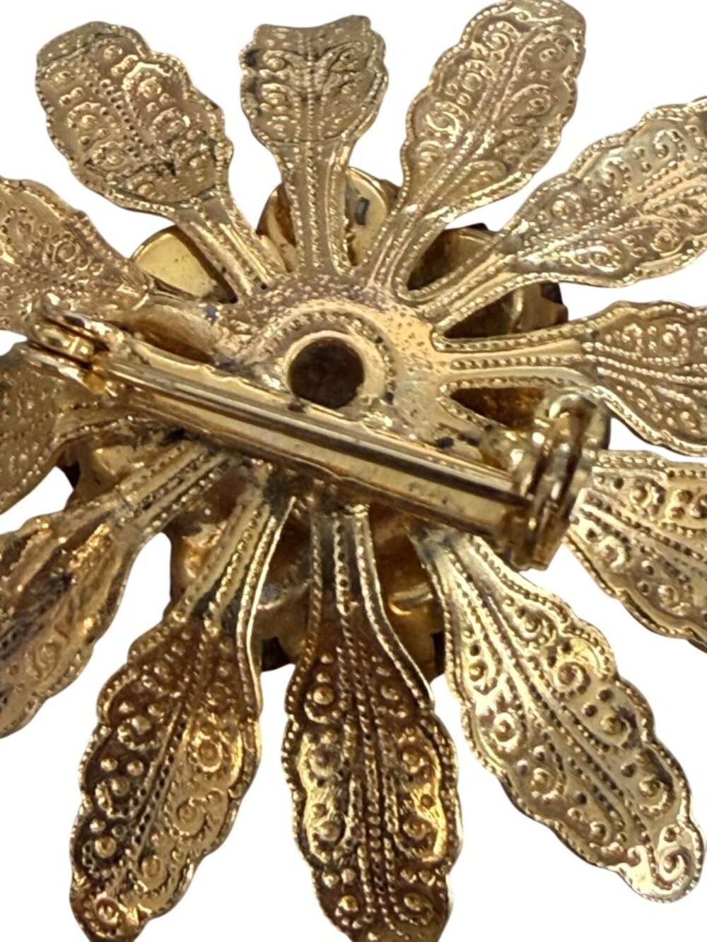 Vintage Bright Gold-Tone Floral Brooch Red Rhinestone Accents Ornate 2" - Picture 6 of 6
